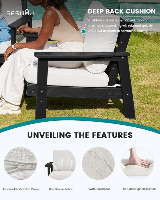 SERWALL Patio Furniture Set with 33” Fire Pit Table, HDPE Outdoor Sectional Sofa Set with Thickened Cushions, Black Frame with Khaki Cushions