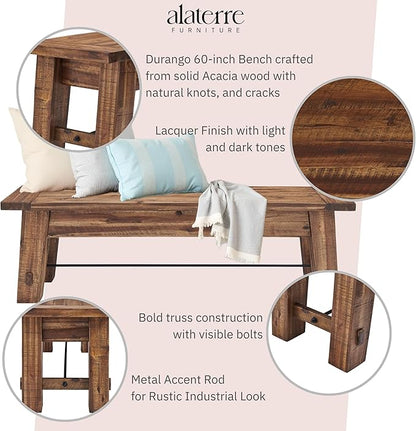 Durango Rustic Farmhouse Style 60-Inch Wood Bench - Industrial Modern Accent Furniture with Solid Wood Seat for Entryway, Dining Room, Hallway, Foyer, or Kitchen by Alaterre Furniture