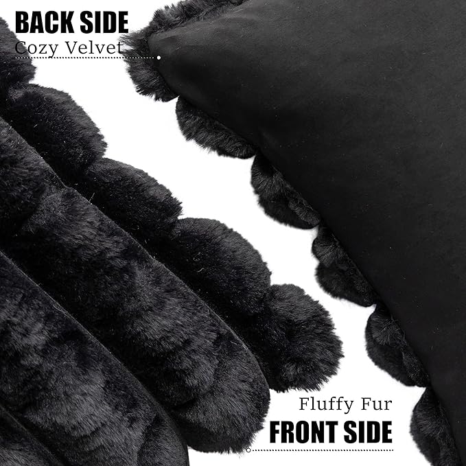Neelvin Black Faux Fur Cozy Soft Plaid Decorative Throw Pillow Covers 24x24 inch Set of 2,Velvet Pillowcase Cushion Case for Sofa Couch
