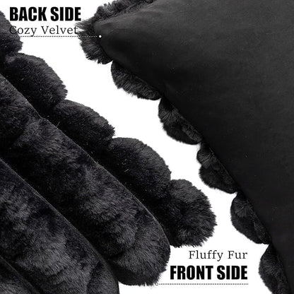 Neelvin Black Faux Fur Cozy Soft Plaid Decorative Throw Pillow Covers 16x16 inch Set of 2,Velvet Pillowcase Cushion Case for Sofa Couch
