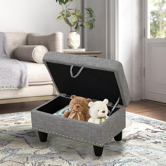 Linen Fabric Storage Ottoman with Nailhead Trim, 28.5"X19.5"X17.5" Footrest Stool, Hidden Storage Foot Stool for Living Room, Bedroom Furniture, Ash-Brown
