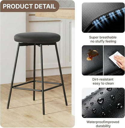 Swivel Bar Stools Set of 6, 24" Counter Height Bar Stool, Backless Barstools with Faux Leather Upholstered Seat&Sturdy Wood Legs for Kitchen Island, Black