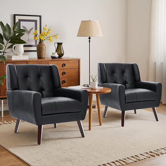 Faux Leather Accent Chairs Set of 2, Mid-Century Modern Upholstered Armchair, Comfy Living Room Chairs Reading Chairs with Button Tufted Back & Solid Wood Legs for Bedroom, Office, Black