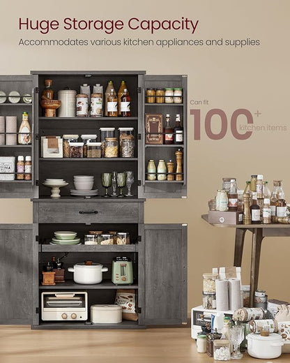 VASAGLE LIRY Collection - Pantry Cabinet, 70.3-Inch Tall Farmhouse Kitchen Storage Cabinet with Barn Doors, Drawer, Tray, Adjustable Shelves, for Kitchen, Dining Room, Misty Gray UBBK364G01