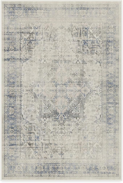 RUGGABLE Washable Vintage Area Rug – Kamran Blue Quartz 4x6, Stain-Resistant, Non-Slip – Medium Machine Washable Rugs for Living Room, Bedroom, Hallway, Entryway & Office–with Standard Pad