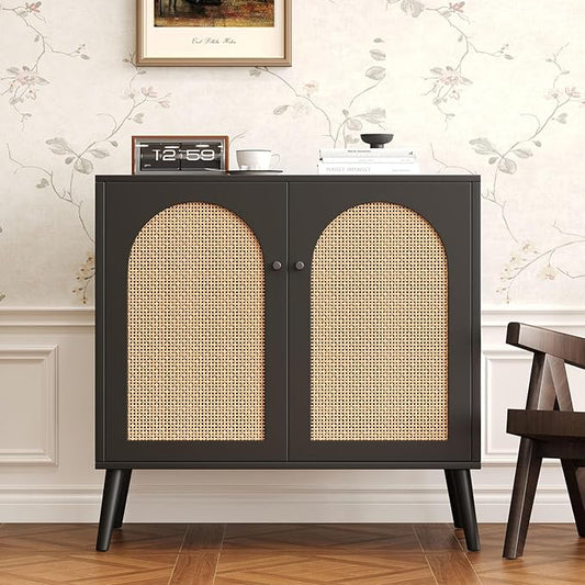Rattan Storage Cabinet, 2-Door Boho Sideboard in Black, Adjustable Shelf, Elegant Rattan Buffet Cabinet with Storage for Stylish Home Organization 31.5" Black