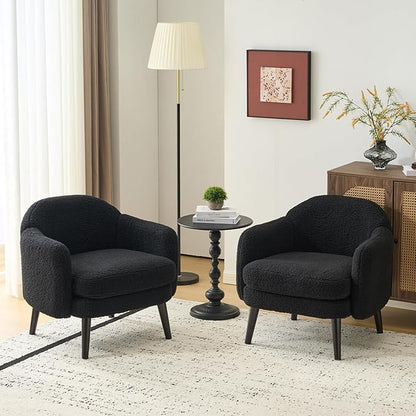 VINGLI 30.3" Wide Modern Barrel Accent Armchairs Set of 2 with Track Armrest, Solid Wooden Legs, Comfy Upholstered Club Chairs, Single Home Sofa for Living Room, Bedroom, Reading,Teddy Fleece Black