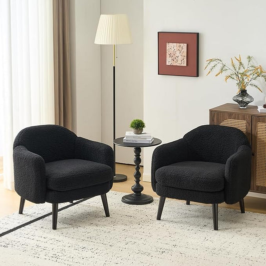 VINGLI 30.3" Wide Modern Barrel Accent Armchairs Set of 2 with Track Armrest, Solid Wooden Legs, Comfy Upholstered Club Chairs, Single Home Sofa for Living Room, Bedroom, Reading,Teddy Fleece Black