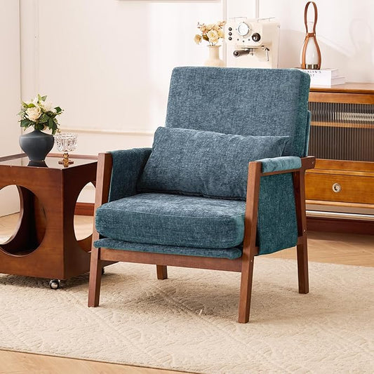 Accent Chair Mid-Century Modern with Lumbar Support Pillow, Upholstered Living Room Chairs with Wooden, Chenille Armchair with Cushion, Anthropologie Side Chair for Bedroom, Navy