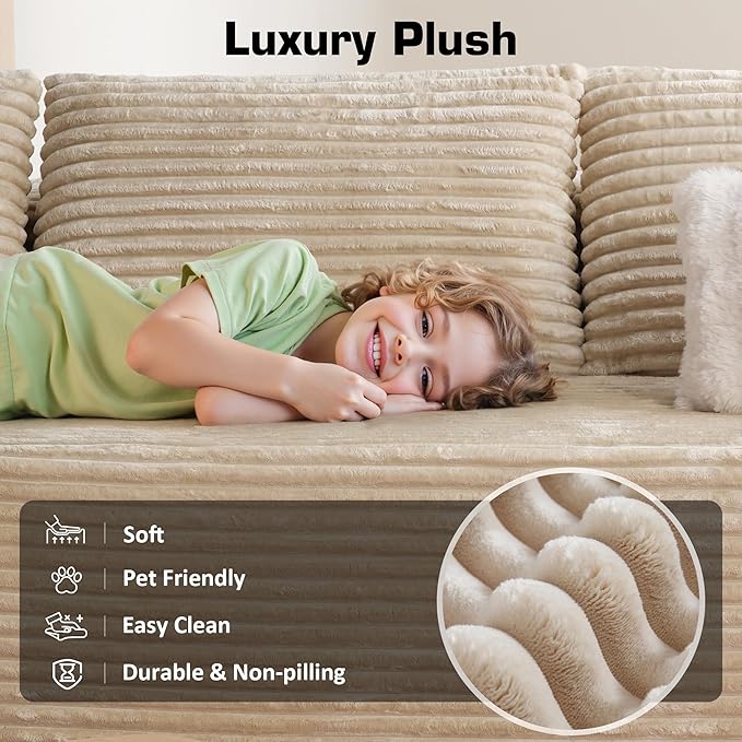 106" Cloud Sectional Couch with Chaise Lounge,L Shaped Modular Modern Sofa,Comfy Corduroy Fluffy Couches with Deep Seat,No Assembly Required Couch for Living Room(Left,Plush Corduroy,Beige)