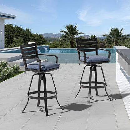 Pellebant 29.5" Outdoor Bar Stools Set of 2, Rust-Proof Aluminum Swivel Patio Chairs Bar Height with Back & Footrest, Tall Metal Barstools for Outside Deck Lawn Garden, Spectrum Denim