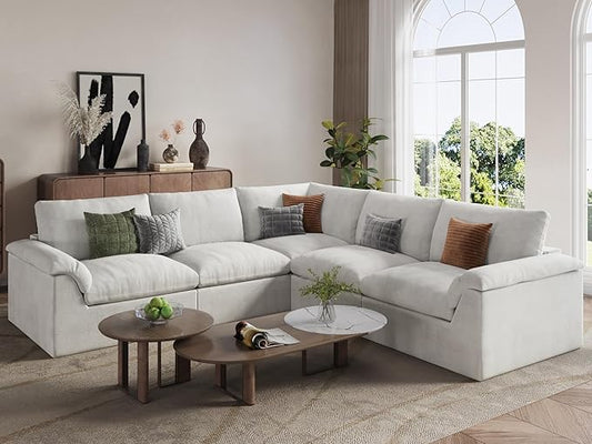 EASE MOOSE Oversized Cloud Couch Sectional Sofa, L-Shaped Modular Couch for Living Room, Minimalist Boneless Convertible Couches, 5-Seat Deep Sofas for Bedroom, Chenille (White)
