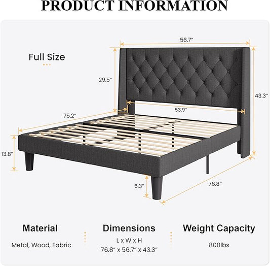 SHA CERLIN Full Size Upholstered Platform Bed Frame with Wingback Headboard, Tufted Linen Fabric, Wooden Slats Support, Easy Assembly, No Box Spring Needed, Dark Grey