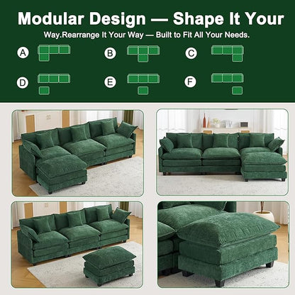 111.4" Cloud L Shaped Sectional Couch with Ottoman｜Modular Chenille Sofa with 29.1" Deep Seat｜FSC Solid Wood Frame｜Easy Assembly & 1YR Guarantee｜for Living Room Bedroom Apartment