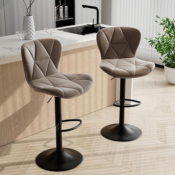 Bar Stools Set of 6,Adjustable Swivel Barstools, Faux Leather Bar Chairs,Upholstered Counter Height with High Backrest for Kitchen Island, Dark Khaki