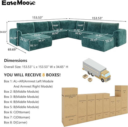 EASE MOOSE Oversized Sectional Cloud Couch, 9-Seat Modular Boneless Sofa Set with Deep Seat, No-Assembly Chenille Sofa for Living Room, Blue