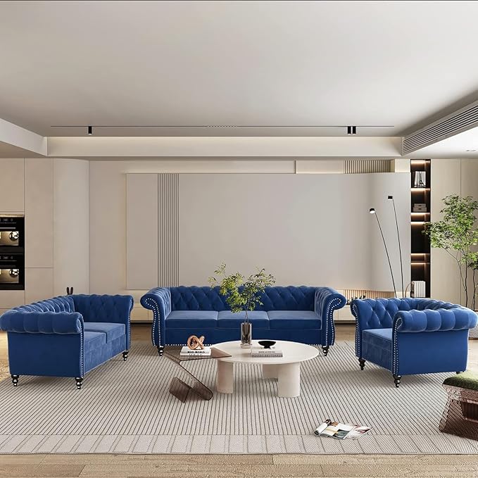 Chesterfield 3 Seater Sofa, Modern Velvet Tufted Couch 3 Seater with Rolled Arms and Nailhead Mid-Century Upholstered Couch for Living Room, Bedroom, Apartment and Office, Blue