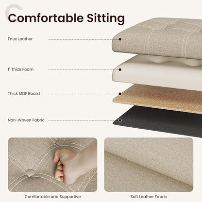 YOUDENOVA 15 inches Storage Ottoman Cube, Foldable Storage Boxes, Padded Seat for Dorm Living Room, Support 300lbs, Line Fabric Beige