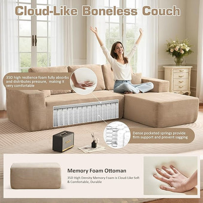 106" Cloud Sectional Couch with L-Shape Chaise & Ottoman, No Assembly Modular Sofa, Deep Seat Corduroy Boneless Couched for Living Room (Camel Stripe Corduroy, Right Facing Chaise with Ottoman)
