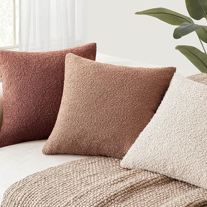 Foindtower Set of 2, Decorative Textured Boucle Throw Pillow Covers Accent Solid Pillow Cases Neutral Couch Cushion Case for Chair Sofa Bedroom Living Room Home Decor 16x16 Inch Dusty Orange Hazel
