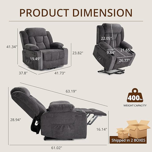 Dual Motor Power Lift Recliner for Elderly, Large Electric Lift Recliner with Massage and Heat, Cup Holders, Side Pocket, Fabric(Dark Grey)