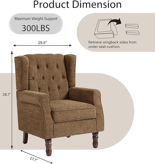 Lumibee High Back Accent Chair Set of 2,Upholstered Wingback Armchair with Solid Wood Legs for Small Spaces,Comfy Single Sofa Chair for Living Room,Bedroom,Office-Brown