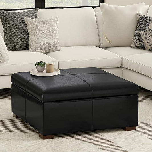 SIMPLIHOME Gabbie 36 inch Wide Contemporary Square Square Coffee Table Storage Ottoman in Midnight Black PU Black Faux Leather, Assembled, for The Living Room, Entryway and Family Room