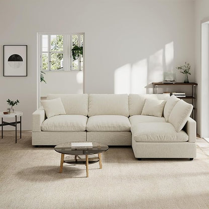 Modern Sectional Linen Couch for Living Room L-Shape Sofas,4 Seat Modular Cloud Sofas,Detachable Couch Cushion Covers,Cozy Feather Down Sofa for Apartment Beige