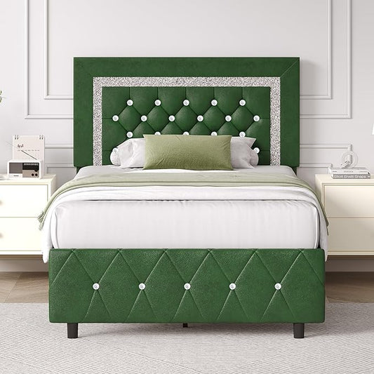 BarnFurin Twin Bed Frames with Headboard, Upholstered Bed with Diamond Tufted Design, Modern Platform Bed with Wooden Slats Support, No Box Spring Required, Easy Assembly, Green