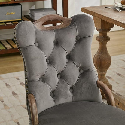 Velvet Dining Chairs Set of 2, Solid Wood Handles, Wooden Upholstered Dining Chair, Vintage Copper Nail Decoration, Mid Century Modern Kitchen Chair (Grey, Set of 2)
