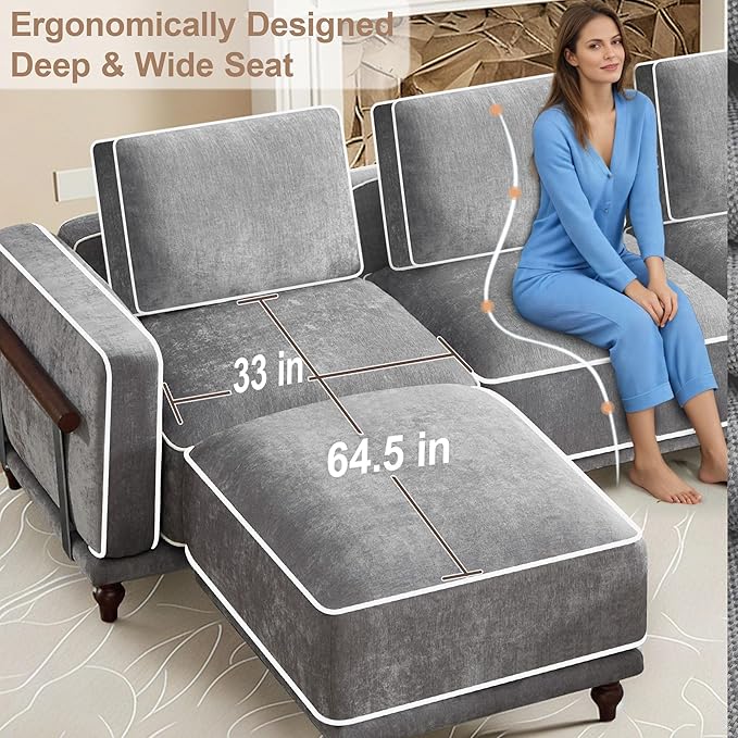 112" 3 Seater Cloud Couch with Ottoman,Modular Sectional L Shaped Sofa with Armrests Wooden Legs,Oversized Deep Seat Comfy Thicked Cushion Upholstered Sofa for Living Room Bedroom,Light Grey