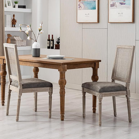PU Leather Dining Chairs Mid Century Kitchen Chairs Set of 2 Upholstered Parsons Chairs Accent Side Chair with Rattan Back for Living Room Dining Room Bedroom, Grey