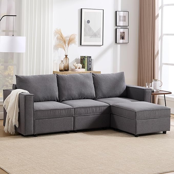 90 Inches Cloud Modular Sectional Sofa, L Shaped Linen Couch with Reversible Chaise, 3 Seater Convertible Comfortable Sofa Couch for Living Room/Apartment, Grey