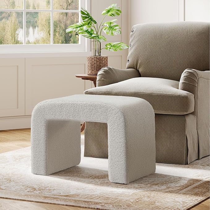 Tribesigns Vanity Stool, Arched Foot Rest for Couch, Large Foot Stool Ottoman, Modern Extra Seating for Living Room, Shoe Bench for Entryway, Dressing Chair for Bedroom, Fully Assembly, Light Gray