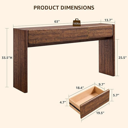 OKD 63'' Console Table with 3 Drawers, Farmhouse Entryway Table with Rounded Corners, Console Table Behind Couch for Living Room/Hallway-Reclaimed Barnwood