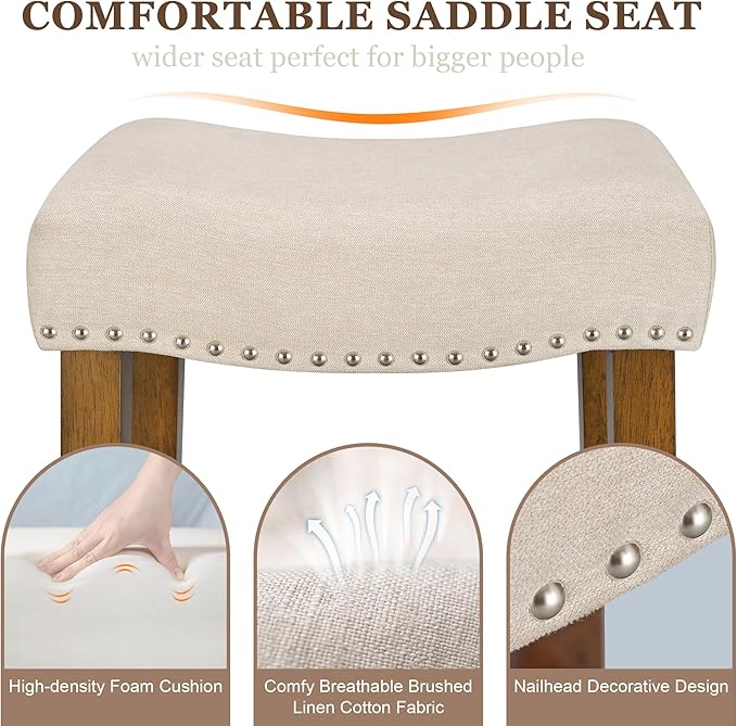 PrimeZone Counter Height Bar Stools Set of 8 - Backless Saddle Barstools with 4.3" Thick Upholstered, Nailhead Trim Linen Fabric & Solid Wood Legs, 26 Inch Counter Stools for Kitchen Island, Beige