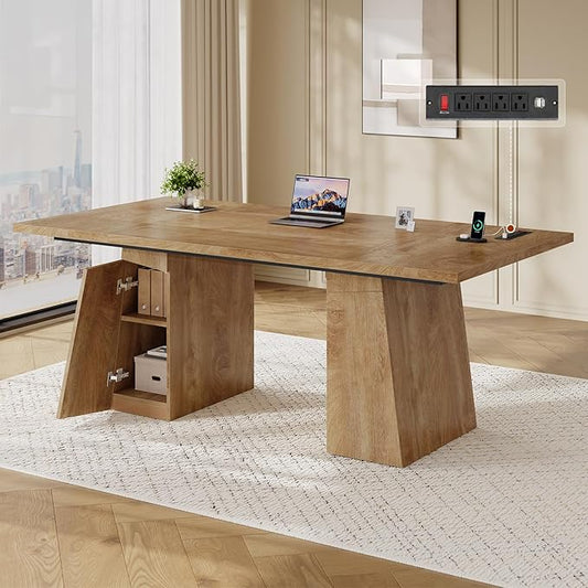 63 in Executive Desk with Power Outlets, Modern Home Office Desk with Storage Cabinet, Wood Computer Desk Business Workstation Desk Conference Table (Oak)