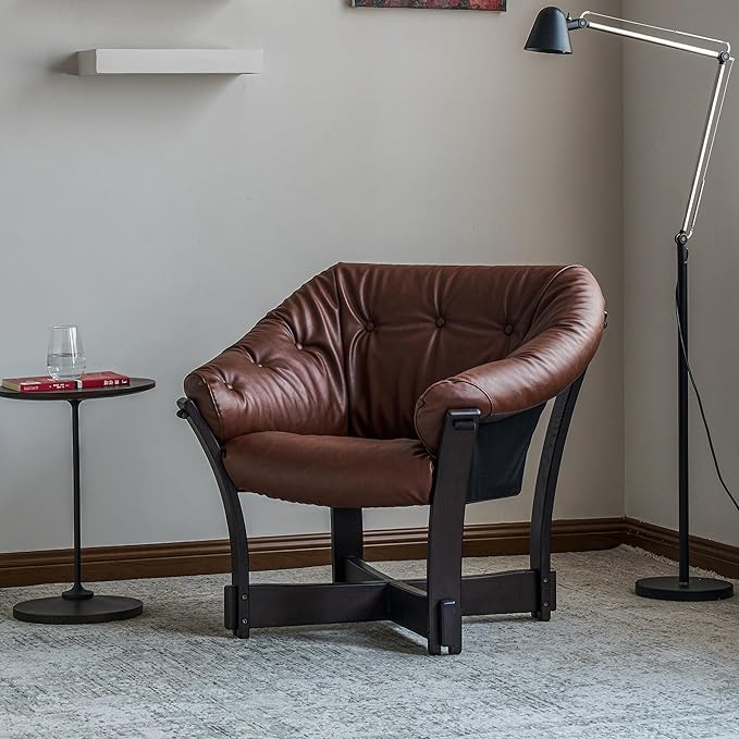 Mid-Century Modern Leather Lounge Chair, Solid Wood Frame, Comfortable upholstered Sofa Armchair