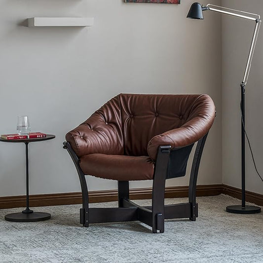 Mid-Century Modern Leather Lounge Chair, Solid Wood Frame, Comfortable upholstered Sofa Armchair