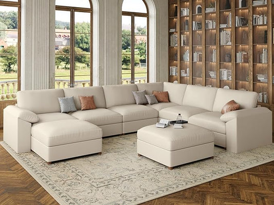 EASE MOOSE Modular Sectional Sofa, Oversized Faux Leather Sectional with Ottoman, Wide Deep Modular Couch, Scratch Resistant Faux Leather Material, U Shaped Couch for Big Spaces, Beige