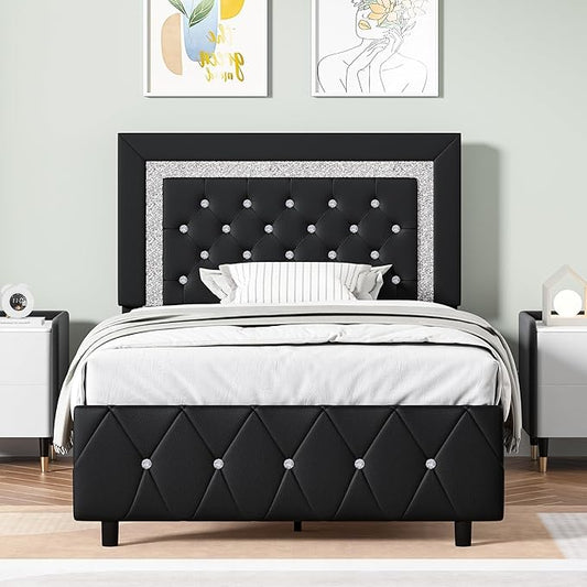 BarnFurin Twin Bed Frame with Headboard, Upholstered Bed with Diamond Tufted Design, Kids Bed Frame with Wooden Slats Support, No Box Spring Required, Easy Assembly, Black