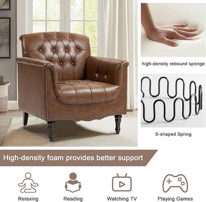 Faux Leather Accent Chairs Set of 4, Upholstered Armchairs with Nailhead Trims & Wood Legs for Living Room, Bedroom, Contemporary Comfy Club Chairs for Office-Brown