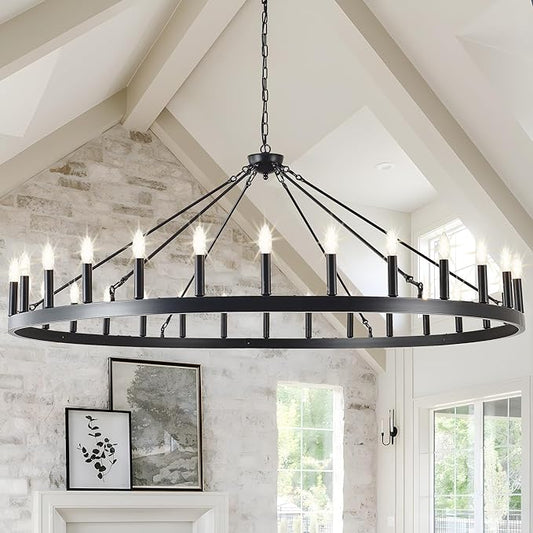 Large black wagon wheel chandelier 64 inch,30-Light Farmhouse wagon Wheel Chandeliers Round Industrial ceiling light fixtures for outdoor porch high ceilings Living Dining Room Foyer Entryway