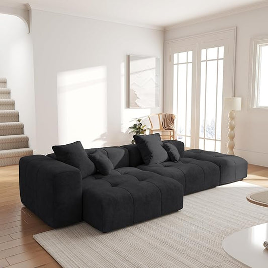 WJShome 119" L Shaped Sectional Couch,Modern Modular Sofa with Ottoman,Linen Deep Loveseat with Pillows Couches for Living Room, Bedroom and Apartment,Black