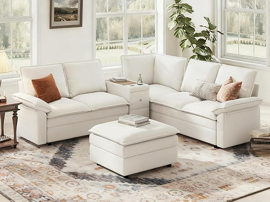 LINSY HOME Modular Sectional Couch Set, 99.7" V Shaped Cloud Sofa with Versatile Console, Chenille 5 Seater Sofa Set for Living Room, Apartment, Office, Beige