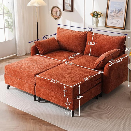 73'' Loveseat Sofa with All Seats Storage, Modular Sectional Couch with Movable Ottoman,Oversized Comfy Couch, 7.8'' Thick Cushion,24.5'' Deep Seat,for Living Room,Bedroom,Apartment,Velet,Orange