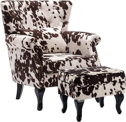 chairus Mid-Century Modern Accent Chair with Ottoman, Comfy Velvet Single Sofa Chair Button Tufted Wingback Armchair with Pillow for Living Room/Bedroom/Club - Cow