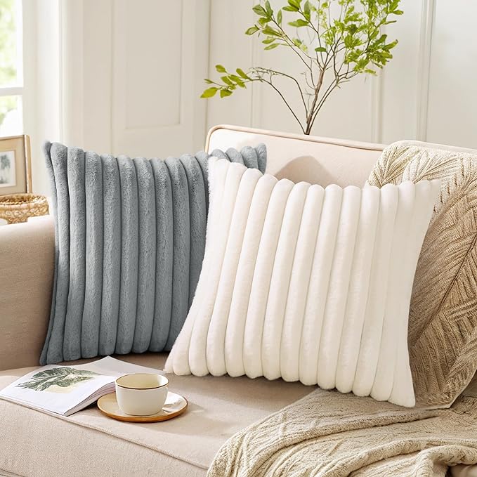 Pallene Faux Fur Plush Lumbar Christmas Throw Pillow Covers 12x20 Set of 2, Luxury Soft Fluffy Striped Decorative Pillow Covers for Sofa, Couch, Living Room, Cream White