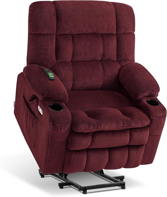 MCombo Dual Motor Power Lift Recliner Chair for Elderly, Lay Flat Lift Chair with Heat and Massage, Petite Wide Lift Chair, Cup Holders, USB A&C Ports, Fabric R7894 (Small-Wide, Burgundy)