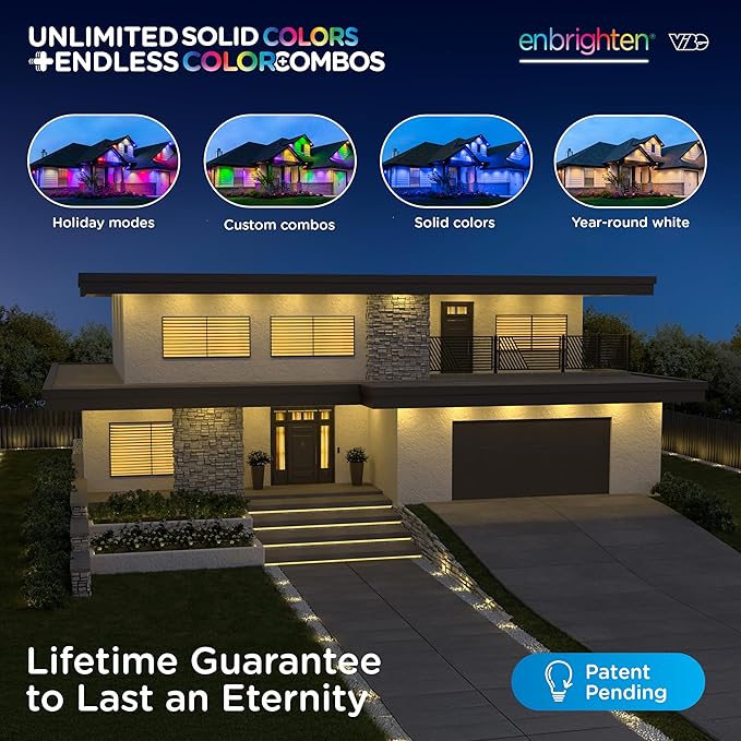Enbrighten Vibe Eternity Accent Permanent Outdoor Lights for House, 100ft, 24 RGBWIC LEDs, Wide Spacing, 94lm, Tunable White, Everyday Eave Lighting, Smart App, Works with Alexa, Google Home, 85713